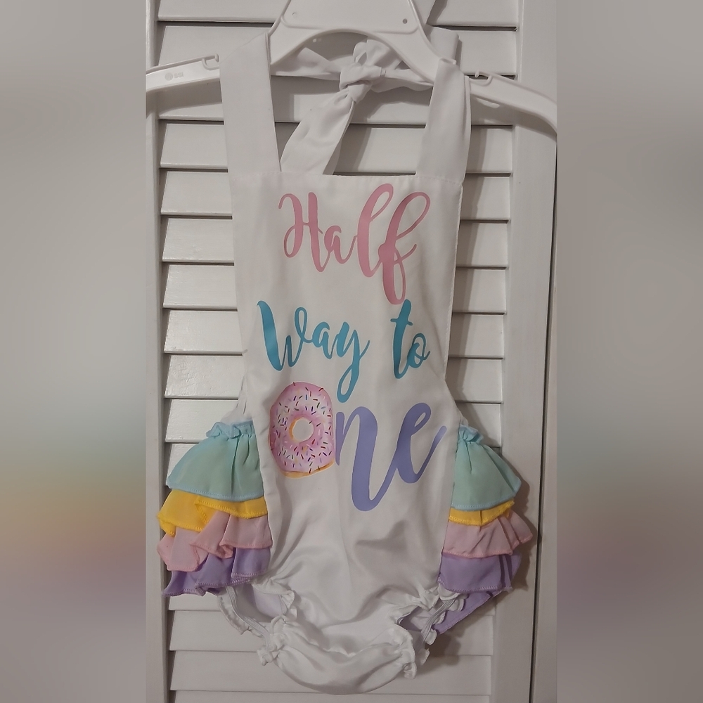 Boutique Baby Girl Half Birthday Halfway To One Pastel Ruffle Romper XS 6 Months